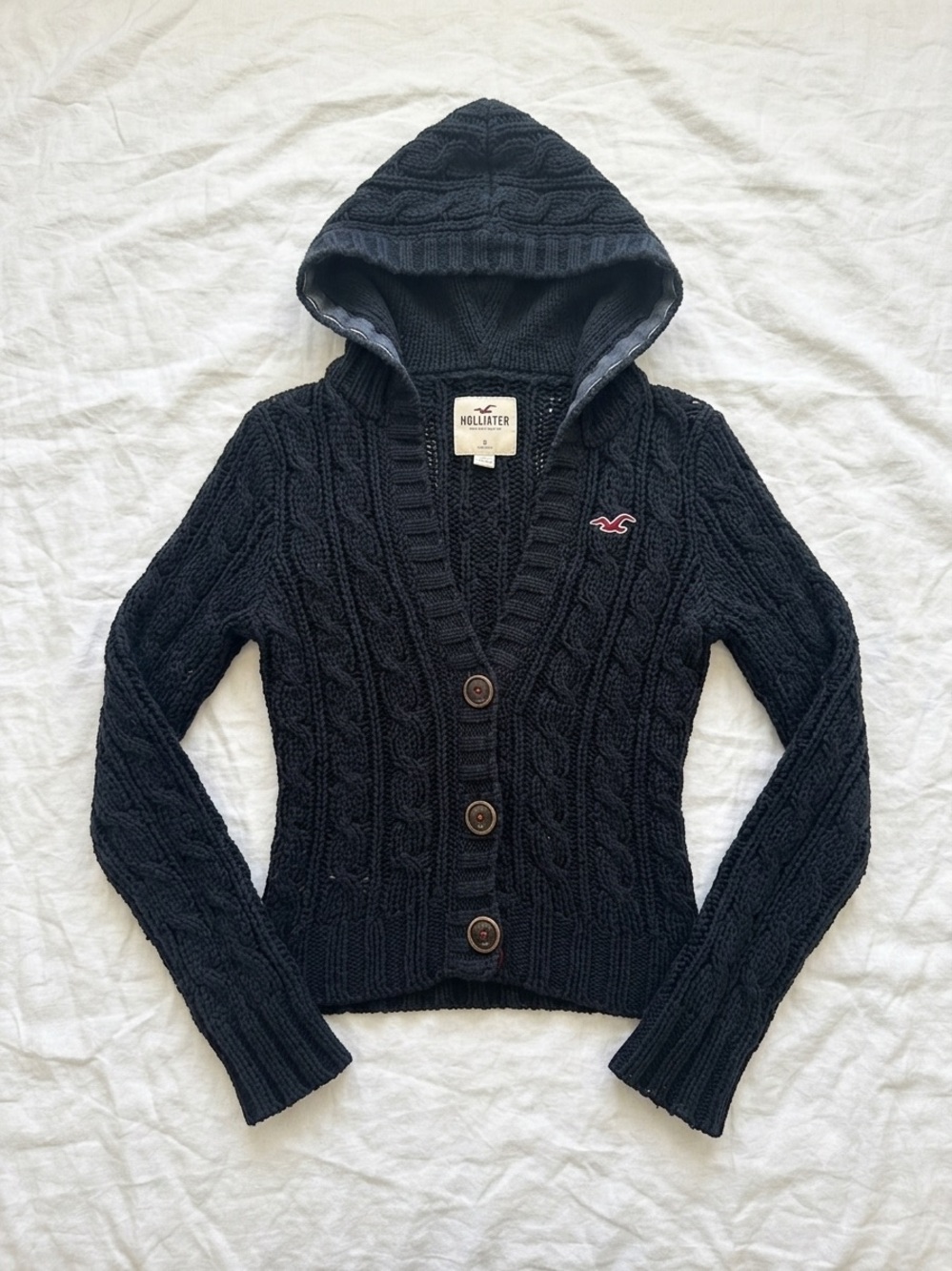 Y2K Hollister Navy Cable-Knit Hooded Cardigan Sweater